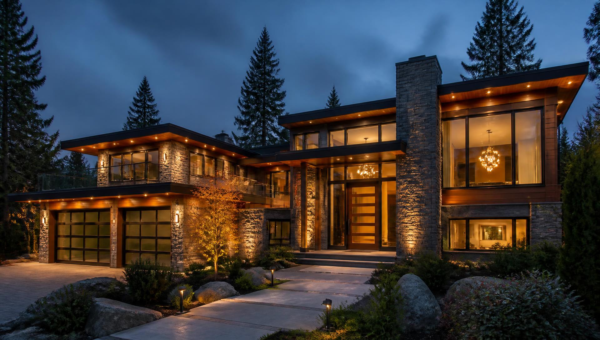 Luxury executive home at dusk with warm interior lighting